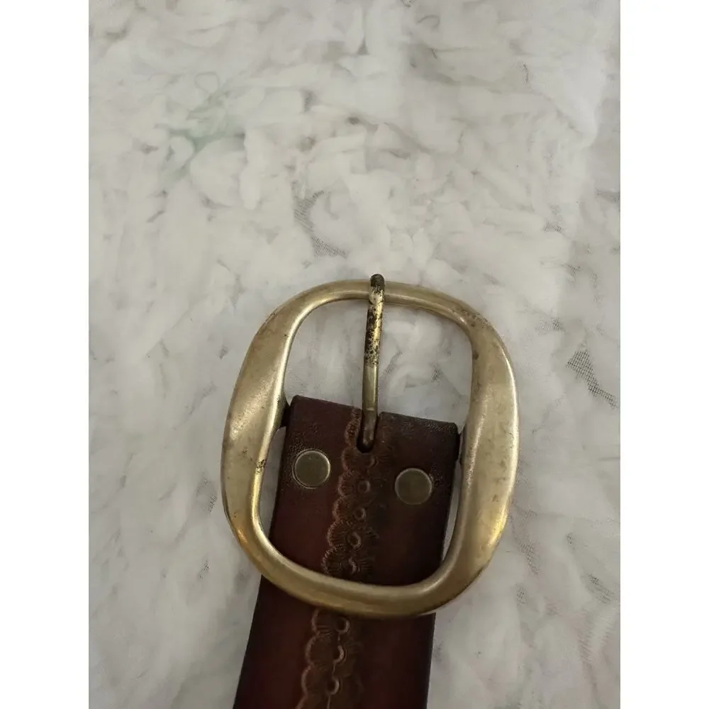 VTG TOOLED buckle belt RUSTIC cowhide 36 leegin WESTERN brown leather cowboy